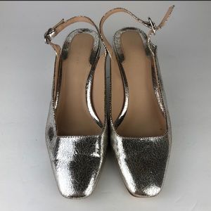 Zara Sandals Slingback Block Heel Shiny Silver Mule Sz 7.5 38
